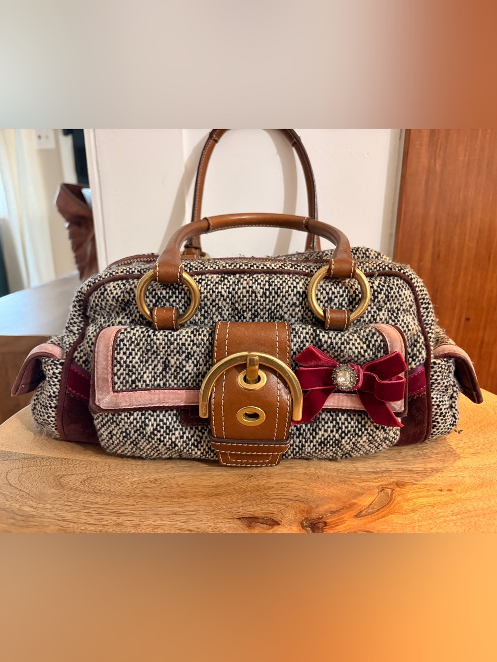 Women's Tweed Satchel with Brown Leather Trim and Red Velvet Bow